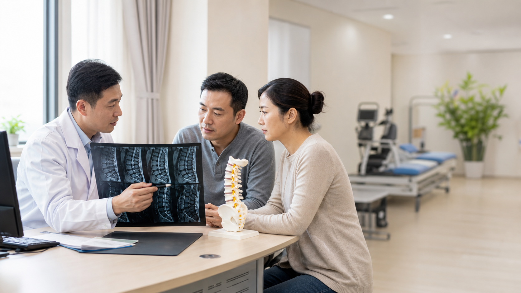 中国医生与患者及家属一起查看腰椎影像